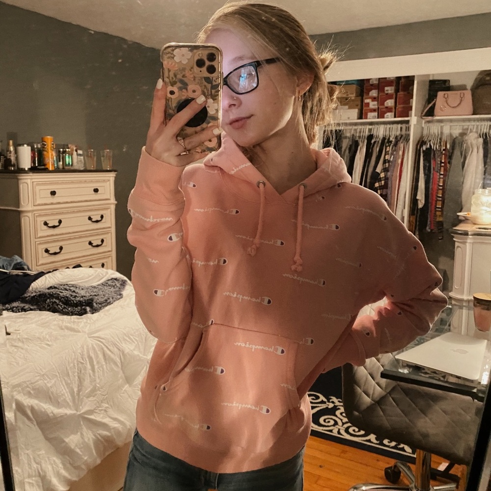 Champion Reverse Weave Allover Logo Pink Hoodie